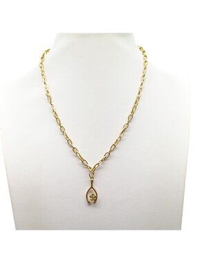 Wishbone Pendant Necklace with Green Stone Accent on Gold-Tone Chain - Vintage